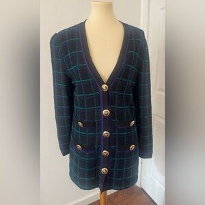 Vintage St. John Sport Plaid Santana Knit Long Cardigan Old Money Small *FLAW